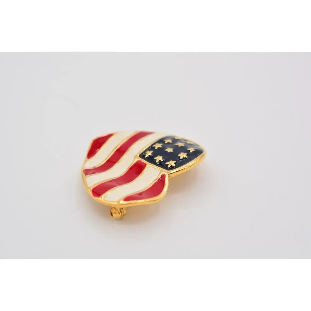Vintage USA Heart Flag Pin Brooch American Red White Blue Gold Tone 1990s BinAT